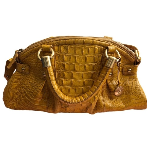 BRAHMIN golden yellow reptile textured leather two-way carry purse. Zip top - Picture 2 of 16